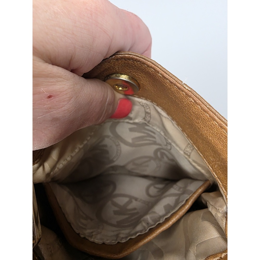 Michael Kors Brown Leather Pleated Crossbody Bag Gold Logo Messenger - Picture 7 of 14